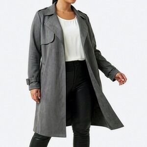 Love For Humanity Faux Suede Trench Coat Steel Grey Open Front L 0X Quiet Luxury